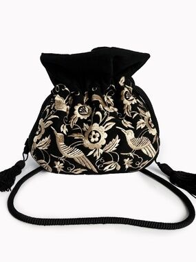 Norma Kamali Vintage Black Velvet Bird Embroidered Drawstring Bag Clutch Rare
